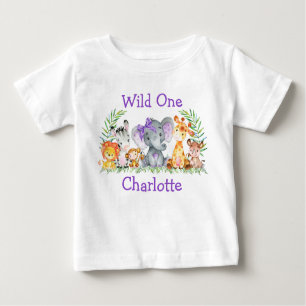 Wild One 1st Birthday Safari Animals Purple Bow Baby T-Shirt