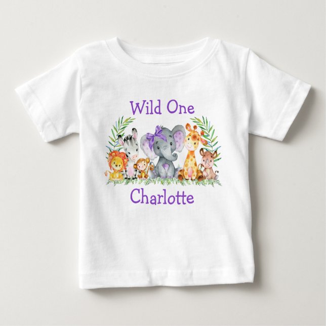 Wild One 1st Birthday Safari Animals Purple Bow Baby T-Shirt (Front)