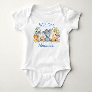 Wild One 1st Birthday Safari Animals White Blue Baby Bodysuit