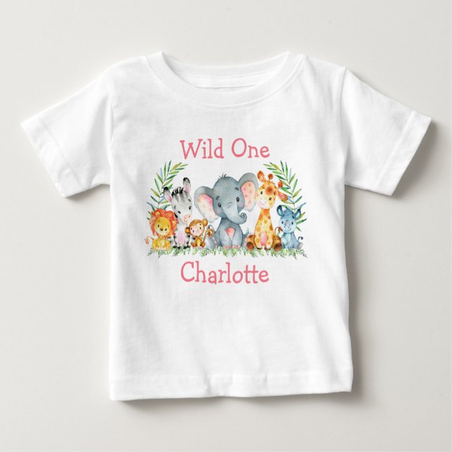 Wild One 1st Birthday Safari Animals White Pink Baby T-Shirt (Front)
