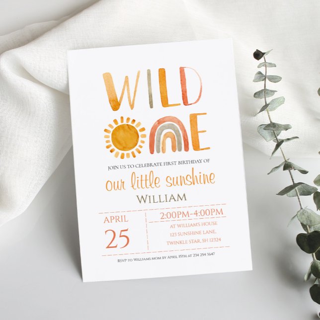 Wild One 1st Birthday Watercolor Rainbow and  Sun  Invitation (Creator Uploaded)