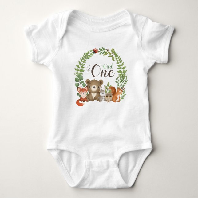 Wild One 1st Birthday Woodland Animals Baby Bodysuit (Front)