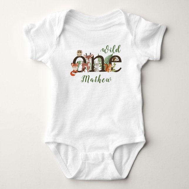 Wild One 1st Birthday Woodland Animals Baby Bodysuit (Front)