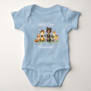 Wild One 1st Birthday Woodland Forest Animals Blue Baby Bodysuit