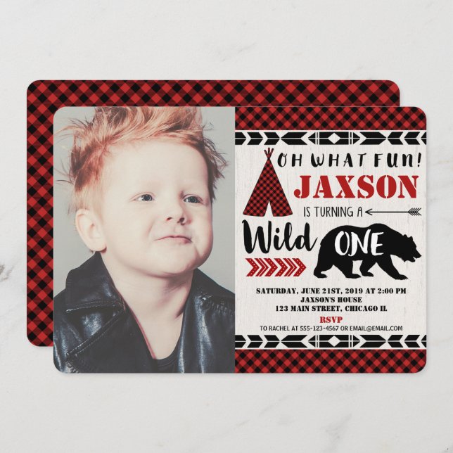 Wild one 1st first birthday photo invitation boy (Front/Back)