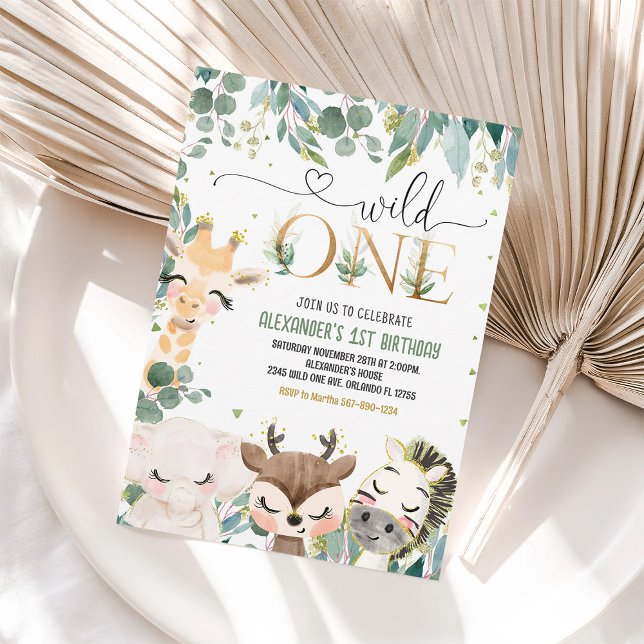 Wild One 1st Gold Jungle Animals Birthday Invitation (Creator Uploaded)