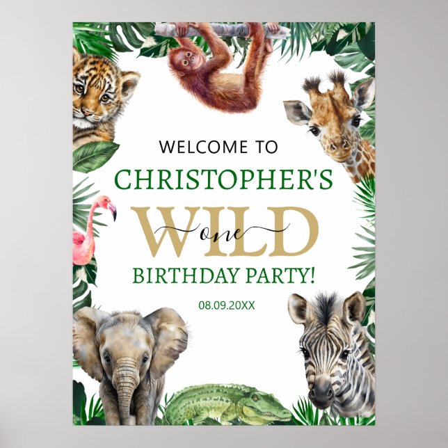 Wild One 1st Jungle Safari Birthday Welcome  Poster (Front)