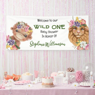 Wild one 1st lion monkey safari baby shower banner