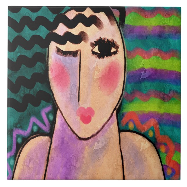 Wild One Abstract Digital Portrait of a Woman Ceramic Tile (Front)