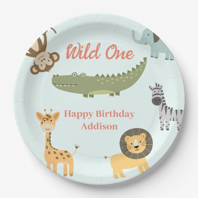 Wild One African Safari Animals 1st Birthday Paper Plate (Front)