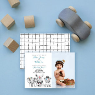 Wild One Animal Safari Baby Boy 1st Birthday Photo Invitation