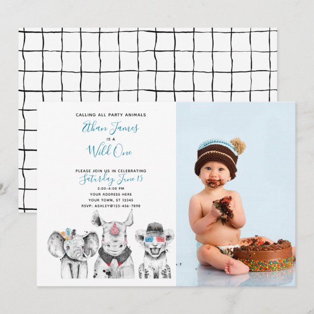 Wild One Animal Safari Baby Boy 1st Birthday Photo Invitation (Front/Back)