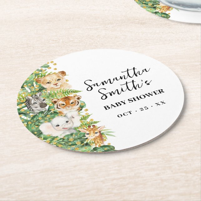 Wild One Animal Safari Baby Shower Round Paper Coaster (Angled)