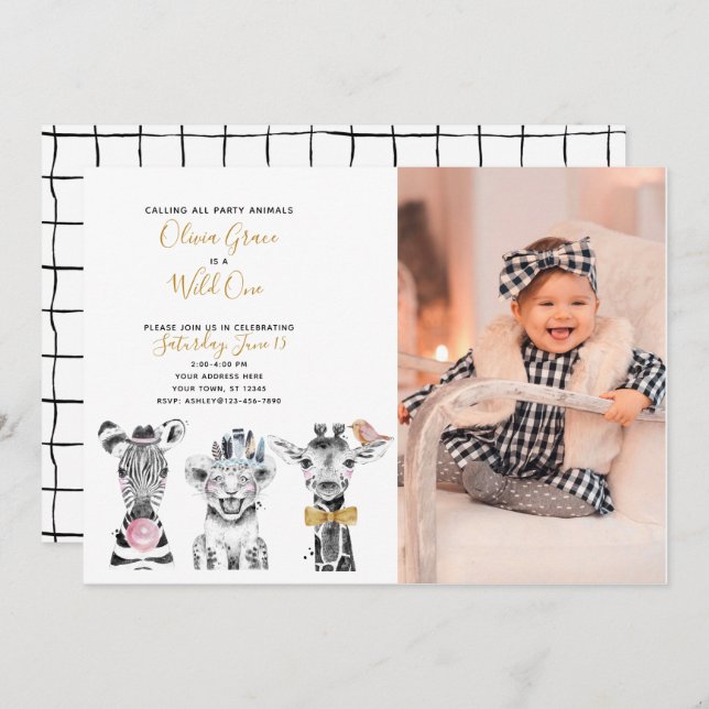 Wild One Animal Safari Baby's 1st Birthday Photo Invitation (Front/Back)