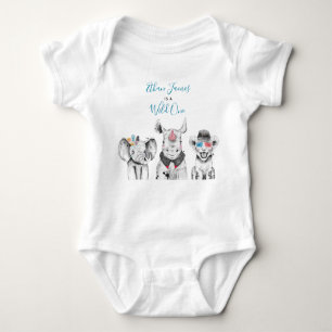 Wild One Animal Safari Black White Blue Birthday Baby Bodysuit
