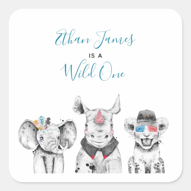 Wild One Animal Safari Black White Blue Birthday Square Sticker (Front)