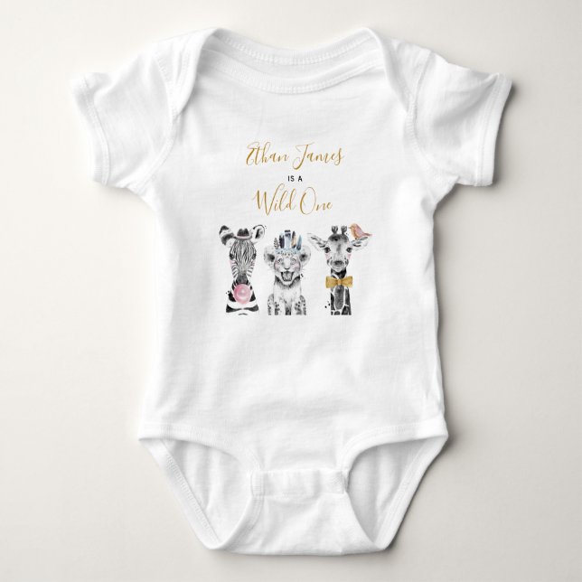 Wild One Animal Safari Black White Gold Birthday Baby Bodysuit (Front)