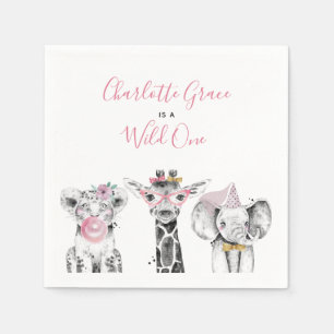 Wild One Animal Safari Black White Pink Birthday Napkin