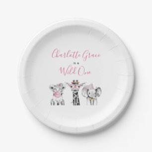 Wild One Animal Safari Black White Pink Birthday Paper Plate