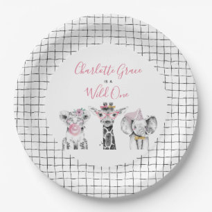 Wild One Animal Safari Black White Pink Birthday Paper Plate