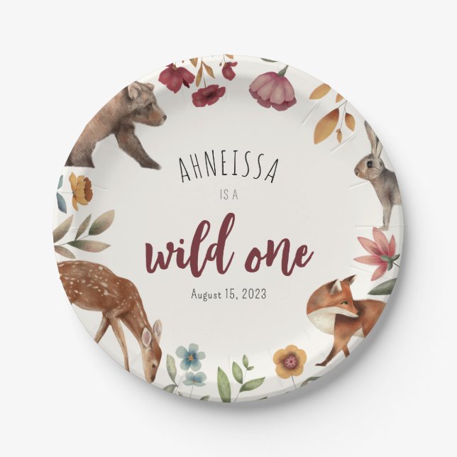 Wild One Animal Woodland Scene First Birthday Paper Plate (Front)