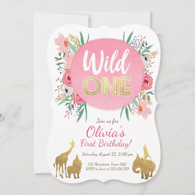 Wild One Animals Birthday Invitation Floral Gold (Front)