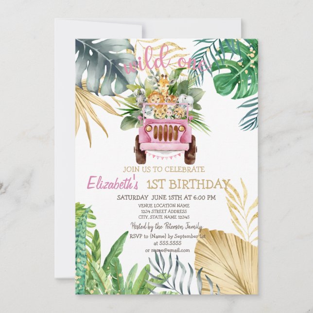 Wild One Animals Car,Tropical Leaves 1st Birthday  Invitation (Front)