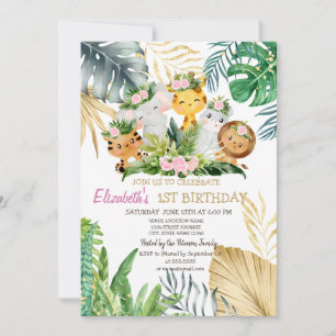 Wild One Animals Flowers Tropical 1st Birthday Invitation