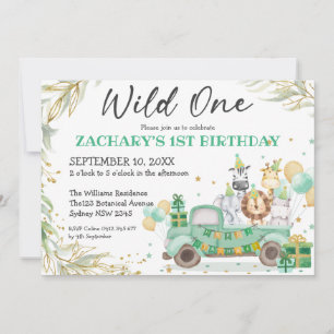 Wild One Animals Greenery Gold Safari 1st Birthday Invitation