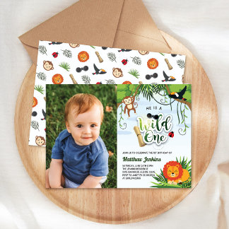 Wild One Animals Jungle Safari Birthday Photo Invitation