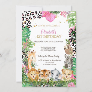 Wild One Animals Jungle Tropical Leaves 1st   Invitation