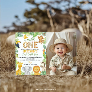Wild One Animals Safari 1st Birthday Photo Invitation