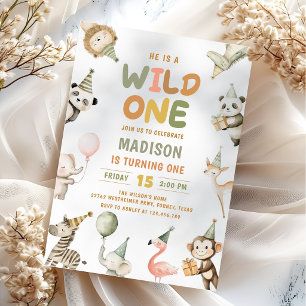 Wild One Animals Safari Turning One Birthday Invitation