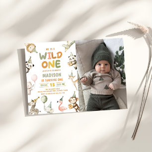 Wild One Animals Safari Turning One Birthday Photo Invitation