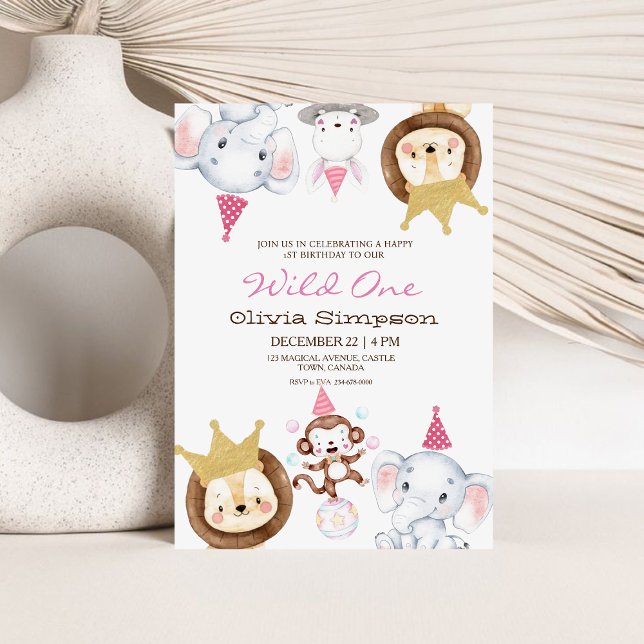 Wild One Animals Theme Girly First Birthday Party  Invitation (Creator Uploaded)