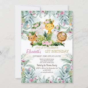Wild One Animals Tropical Floral 1st Birthday  Invitation