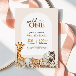 Wild One Arch Safari Animal Girl Boy 1st Birthday Invitation