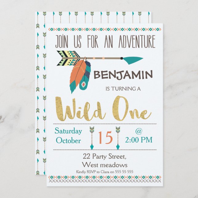 Wild One Arrow 1st Birthday Invitation For Boy (Front/Back)