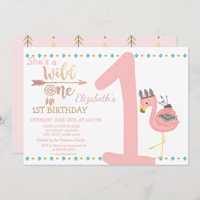 Wild One,Arrows,Dream Catcher Flamingo Birthday Invitation (Front/Back)