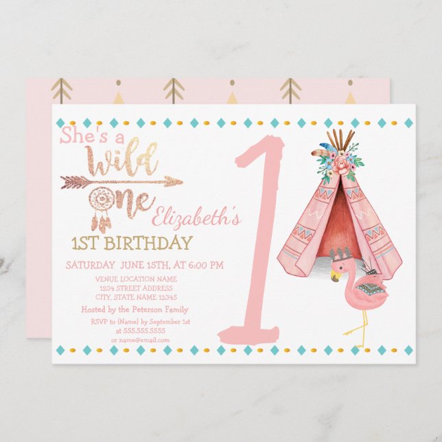 Wild One,Arrows,Flamingo Boho Birthday Invitation (Front/Back)