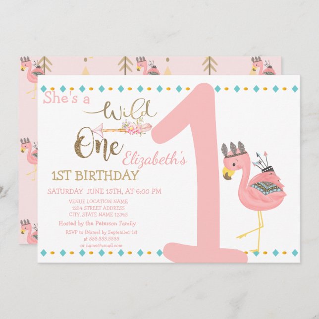 Wild One, Arrows, Pink Flamingo First Birthday Invitation (Front/Back)