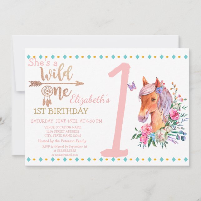 Wild One,Arrows,Pony Flowers Birthday Invitation (Front)