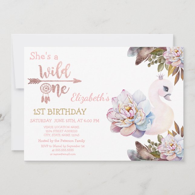Wild One,Arrows,Swan Flowers,Boho Birthday  Invitation (Front)