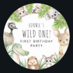 Wild One! Aussie Animal Birthday Party Classic Round Sticker<br><div class="desc">Experience the wild side of party planning with our unique 'Wild One!' 1st Birthday Kids Australian animal-themed birthday party sticker. This contemporary design fuses whimsical watercolor Aussie animals with trendy typography.</div>