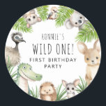 Wild One! Aussie Animal Birthday Party Classic Round Sticker<br><div class="desc">Experience the wild side of party planning with our unique 'Wild One!' 1st Birthday Kids Australian animal-themed birthday party sticker. This contemporary design fuses whimsical watercolor Aussie animals with trendy typography.</div>