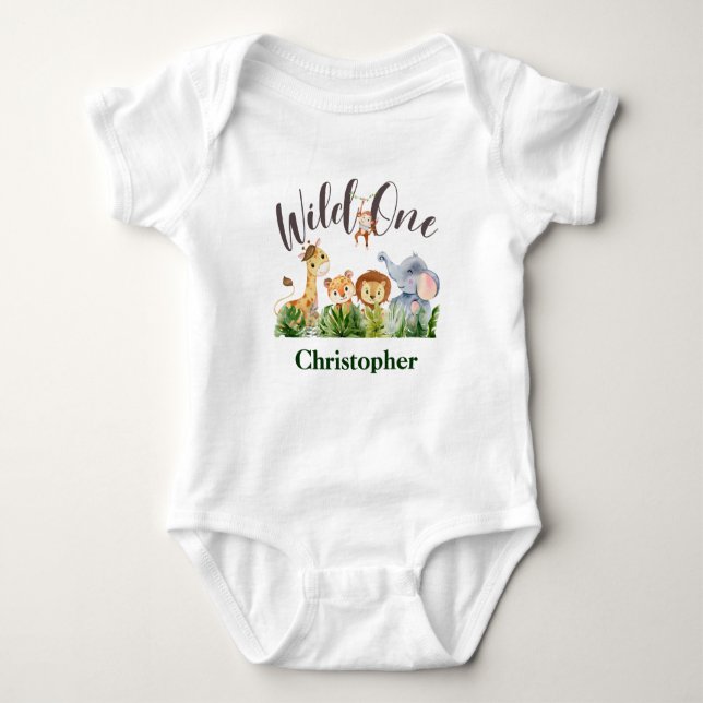 Wild One Baby Animals Babies 1st Birthday Gift Bodysuit (Front)