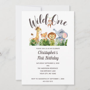 Wild One Baby Animals Jungle Safari 1st Birthday  Invitation