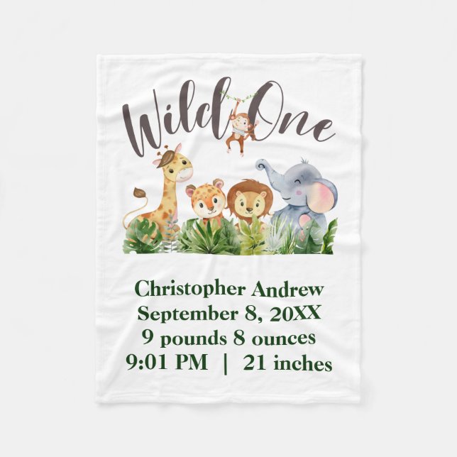 Wild One Baby Animals Jungle Safari Birth Stats Ba Fleece Blanket (Front)