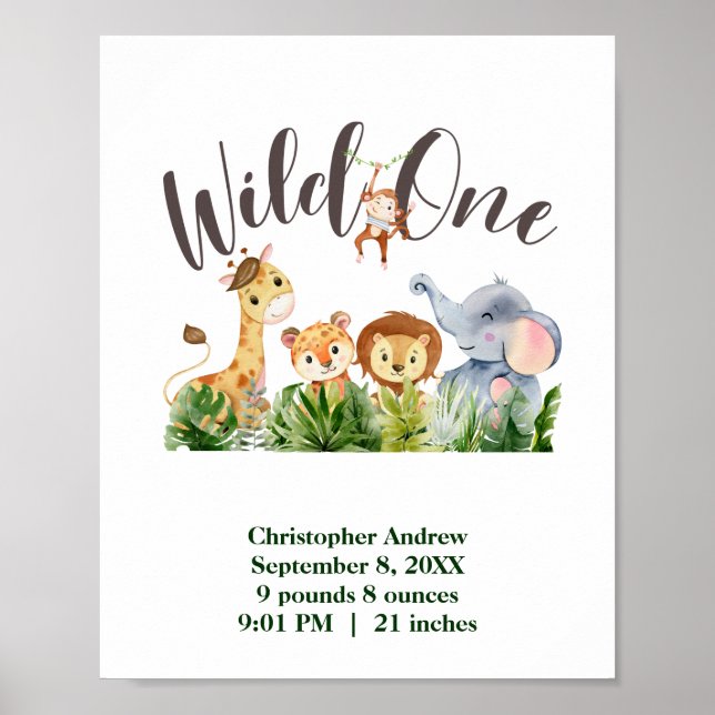 Wild One Baby Animals Jungle Safari Birth Stats  Poster (Front)