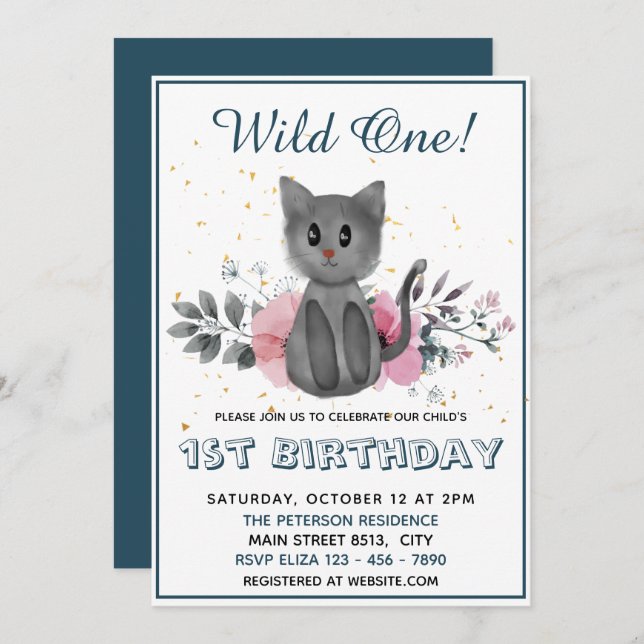 Wild One - Baby Cat and Flowers 1st Birthday Invitation (Front/Back)